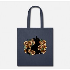 Black Cat Flowers Navy Tote Bag